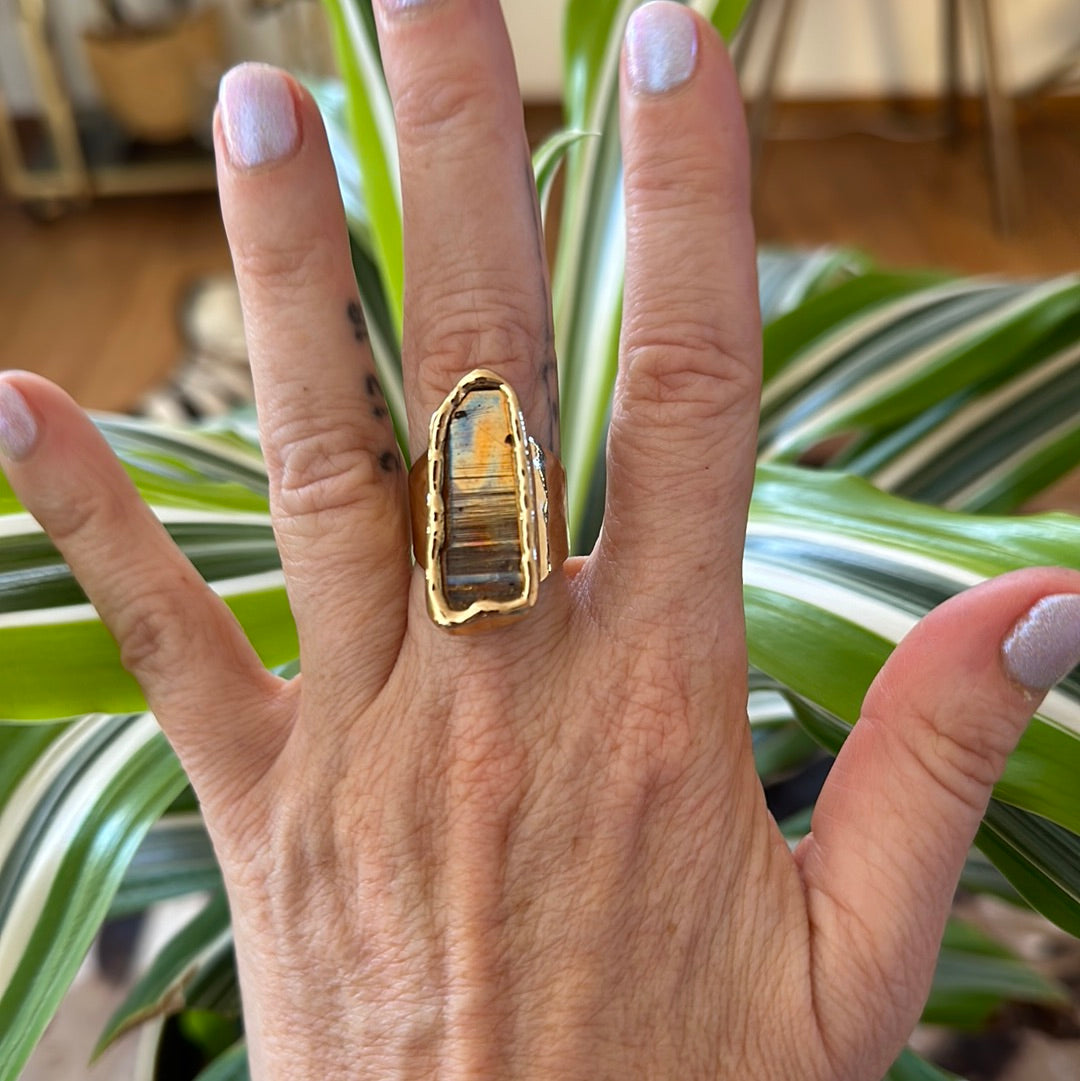 Peach Aura Lemurian Quartz Ring #39