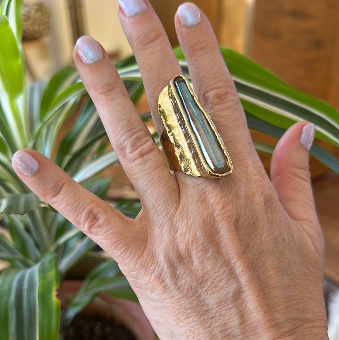 Peach Aura Lemurian Quartz Ring #40