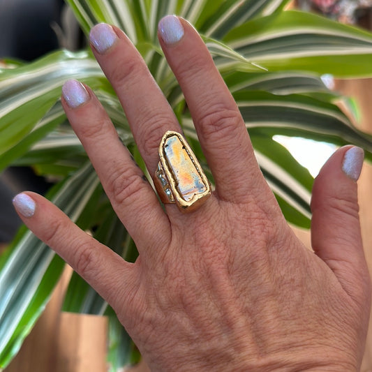 Peach Aura Lemurian Quartz Ring #39