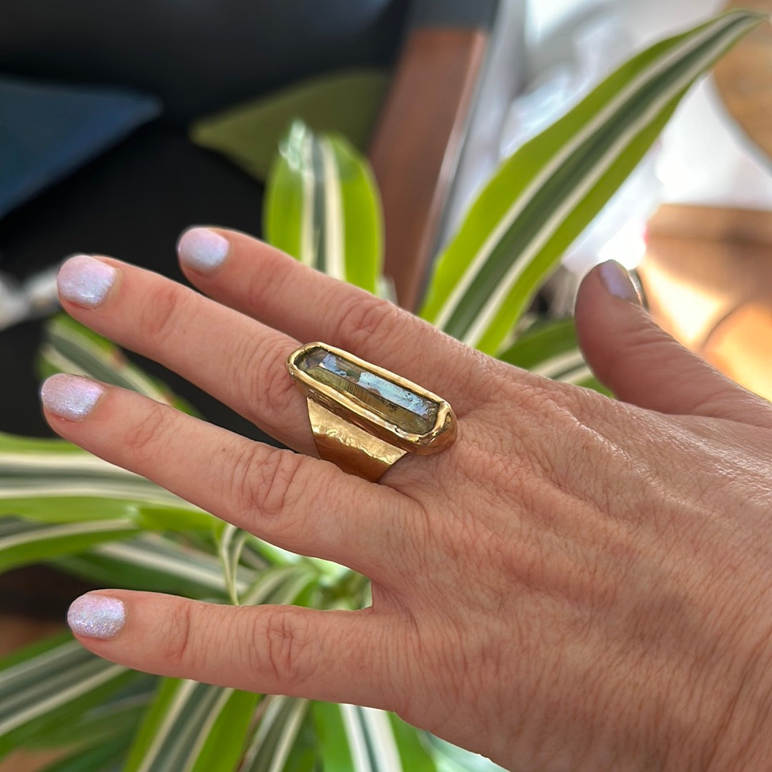 Peach Aura Lemurian Quartz Ring #38