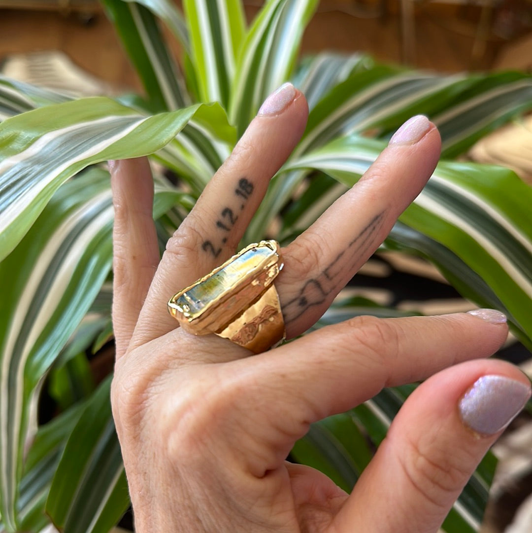 Peach Aura Lemurian Quartz Ring #39