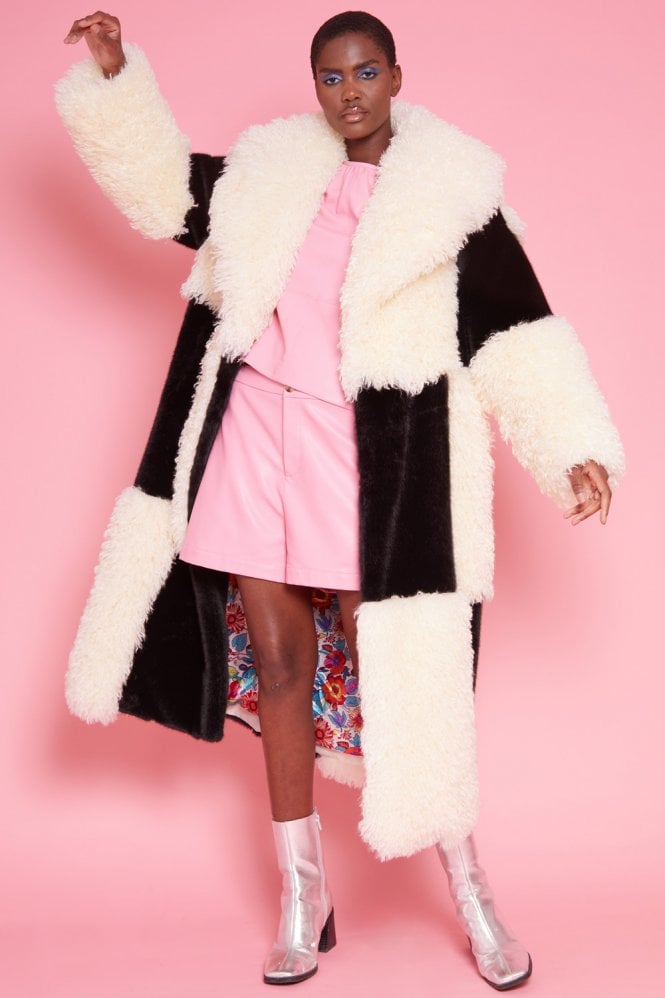 Faux Fur Bamboo Checked Maxi Coat