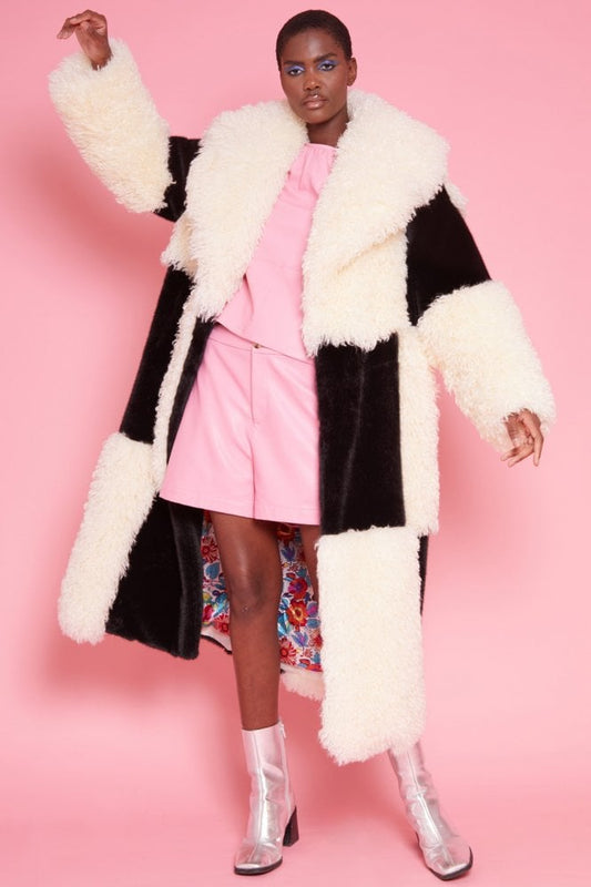 Faux Fur Bamboo Checked Maxi Coat