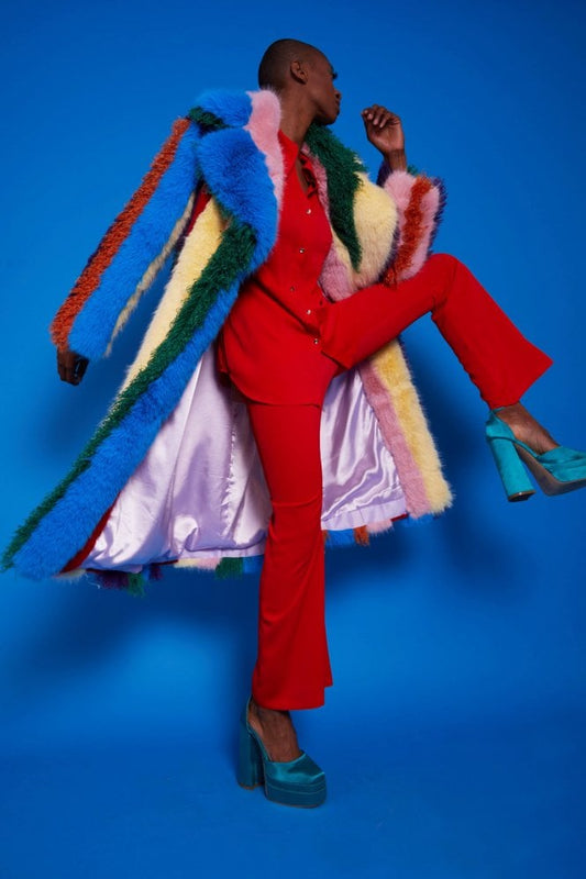 Rainbow Faux Fur Hand Crafted Eco Bamboo Maxi Coat