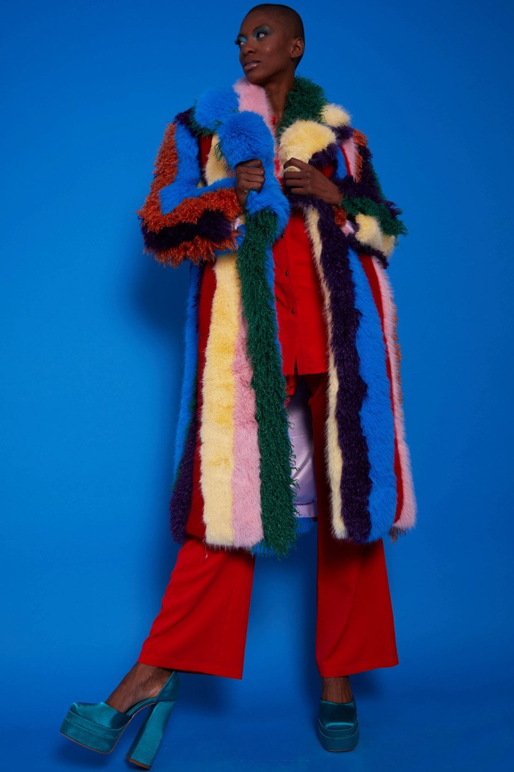 Rainbow Faux Fur Hand Crafted Eco Bamboo Maxi Coat